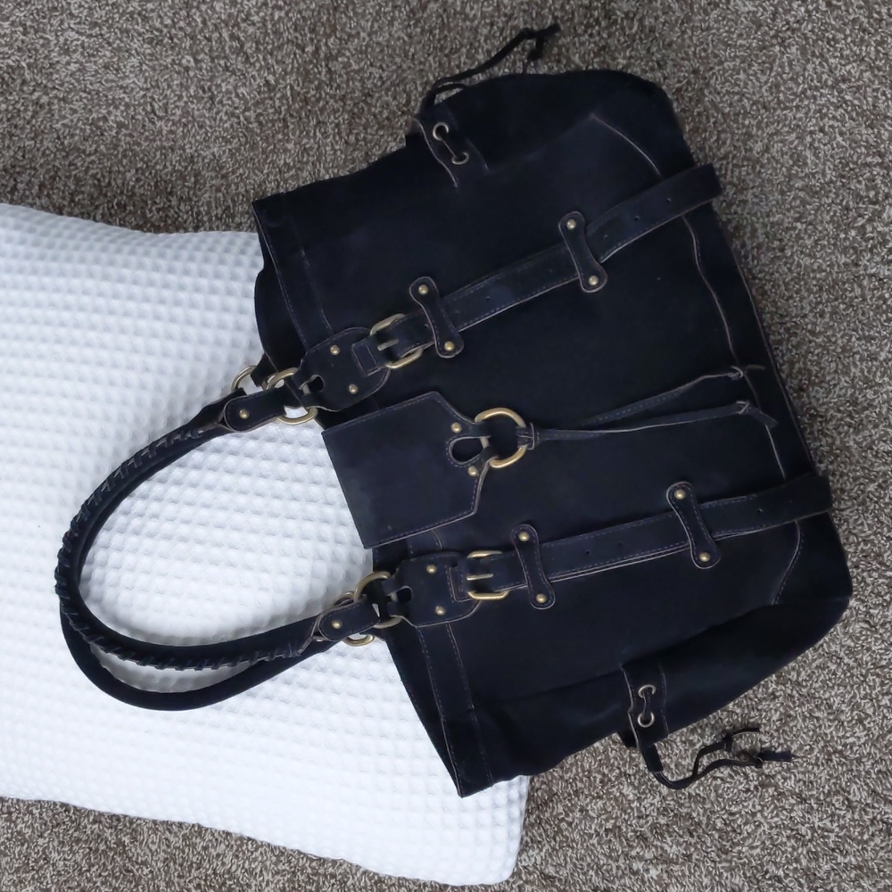 NWOT! Etienne Aigner BIG 100% Suede Leather Black Tote Bag w/Bronze Hard…